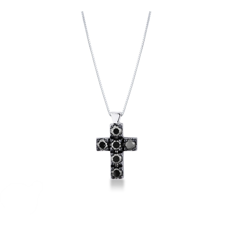 Collier pendentif croix homme en or blanc 18k et diamants noirs