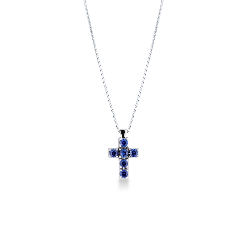 Pendentif en croix en or blanc 18 carats saphirs bleus