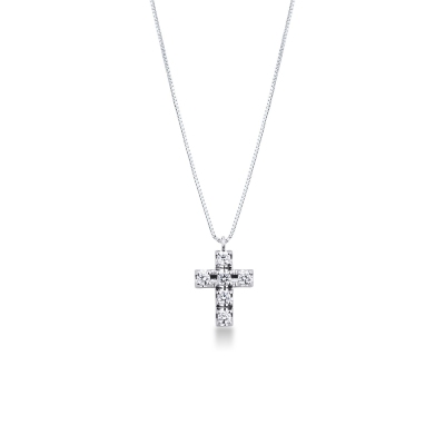 Collier en or blanc 18k avec croix ornée de diamants