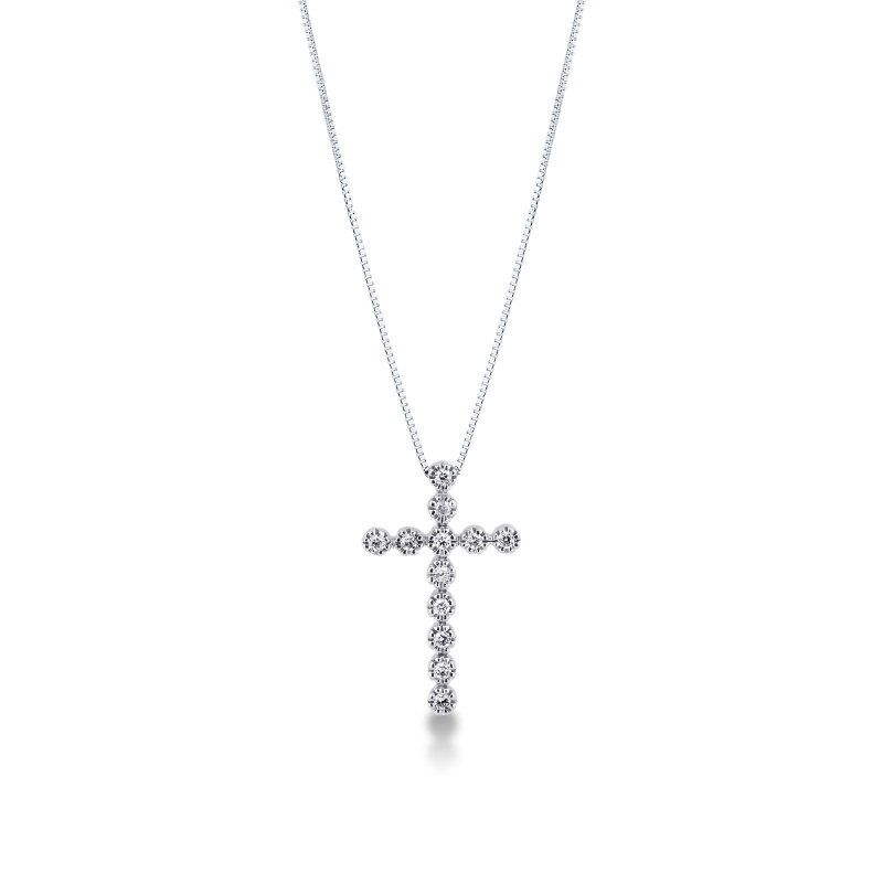 Collier avec pendentif croix en or blanc 18k et diamants