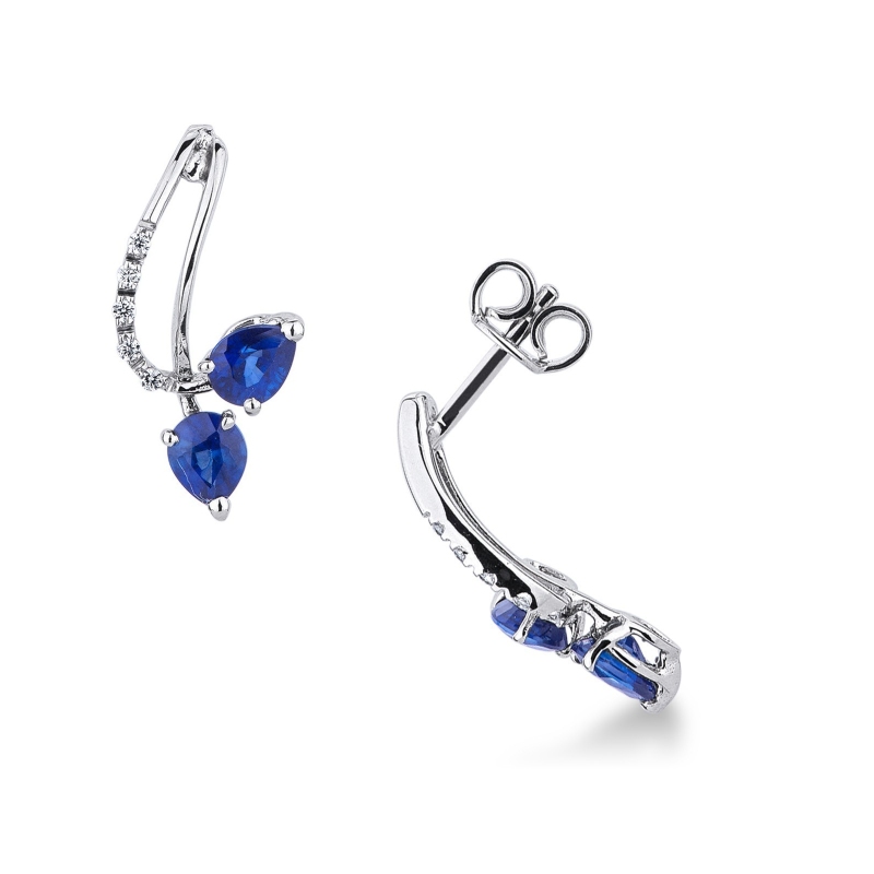 Boucles d'oreilles gouttes or blanc 18k serties de saphirs bleus et diamants 