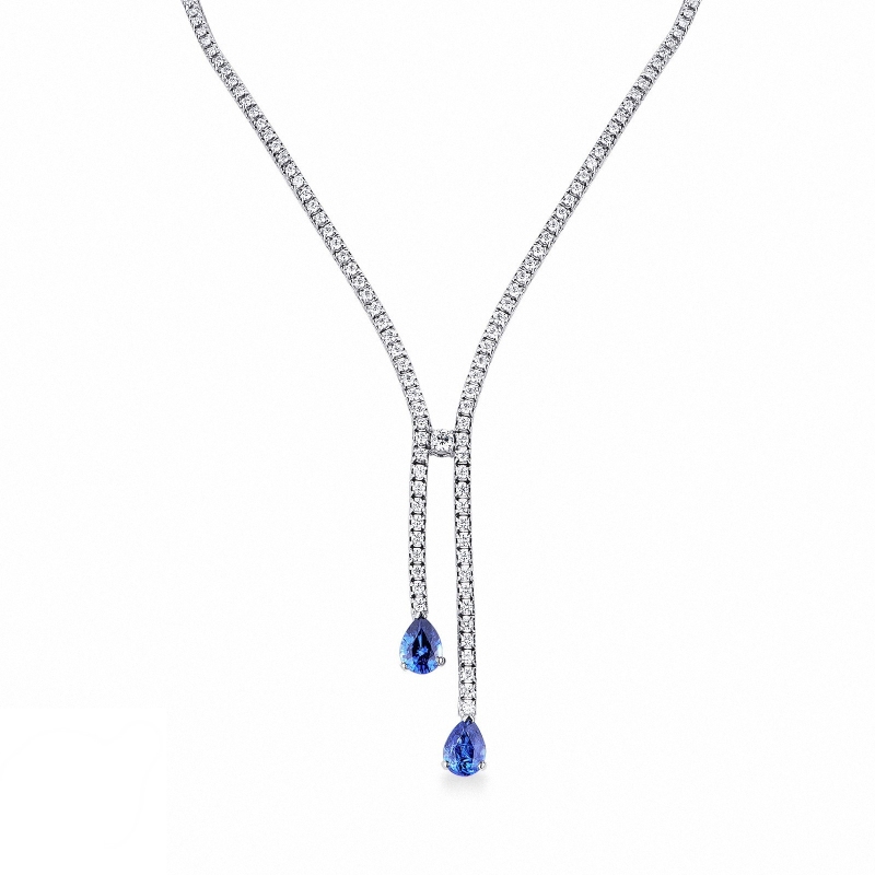 Collier tennis en or blanc 18k avec diamants et saphirs bleus