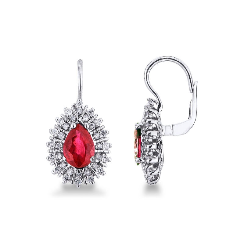 Boucles d’oreilles halo en or blanc 750 avec rubis et diamants