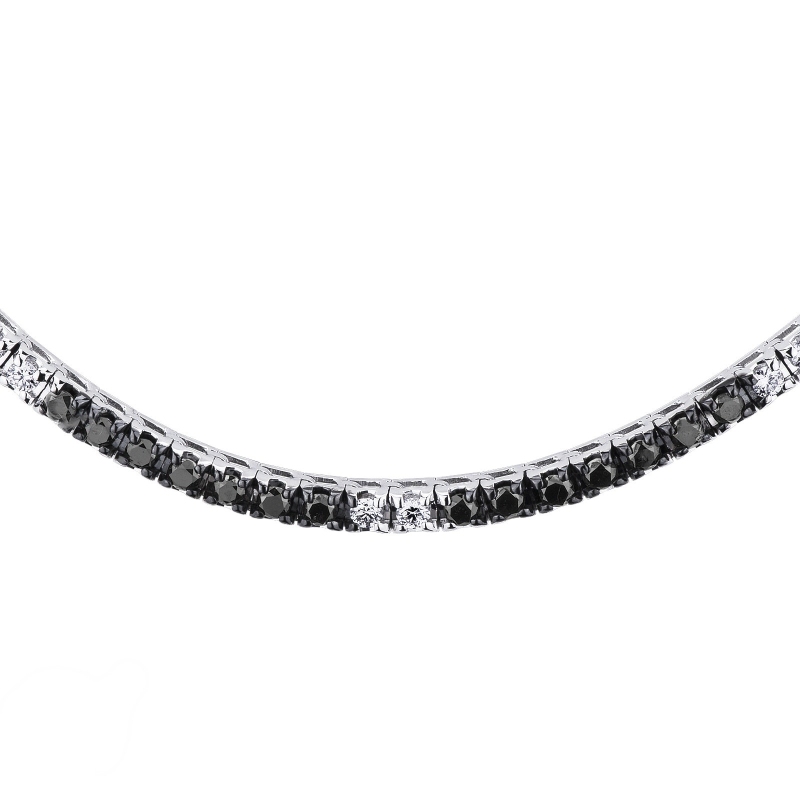Collier tennis en or blanc 18 carats avec diamants blancs, noirs et pointes brunies
