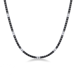 Collier tennis en or blanc 18 carats avec diamants blancs, noirs et pointes brunies