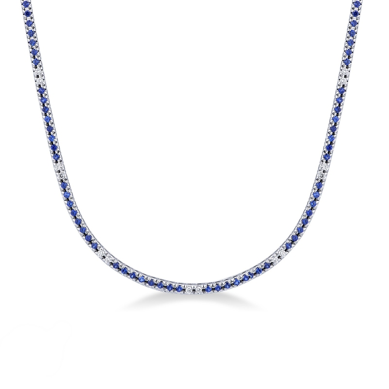 Collier tennis en or blanc 18 carats avec saphirs bleus et diamants