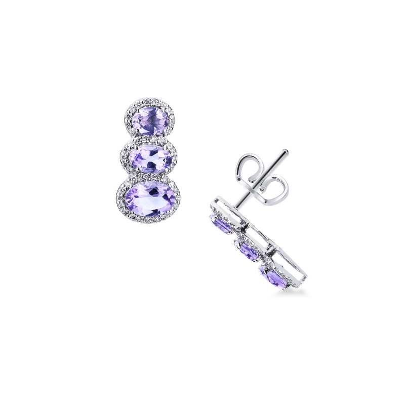Boucles d’oreilles or blanc 18K trois améthystes et diamants