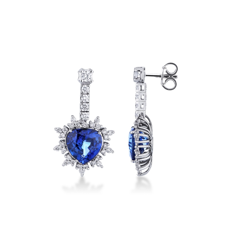 Boucles d’oreilles or blanc 18k saphirs cœur et diamants