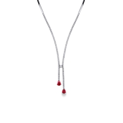 Collier tennis en or blanc 18k avec diamants et rubis goutte