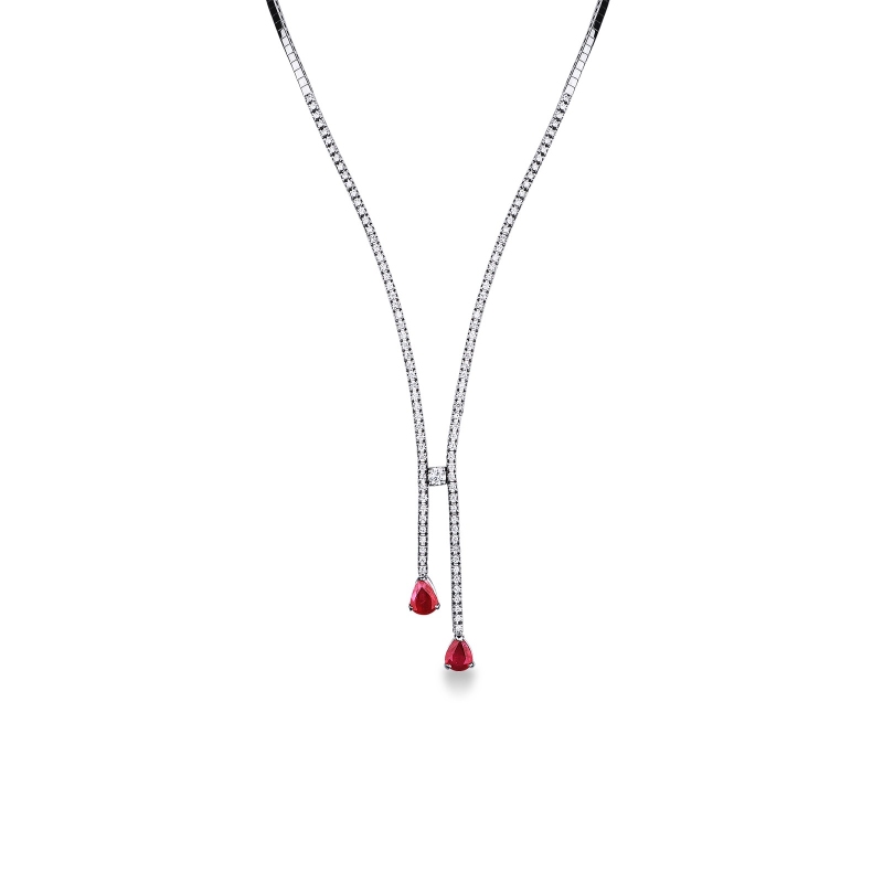 Collier tennis en or blanc 18k avec diamants et rubis goutte