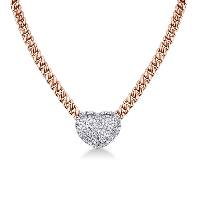 Collier gourmette or rose 18k avec cœur pavé de diamants