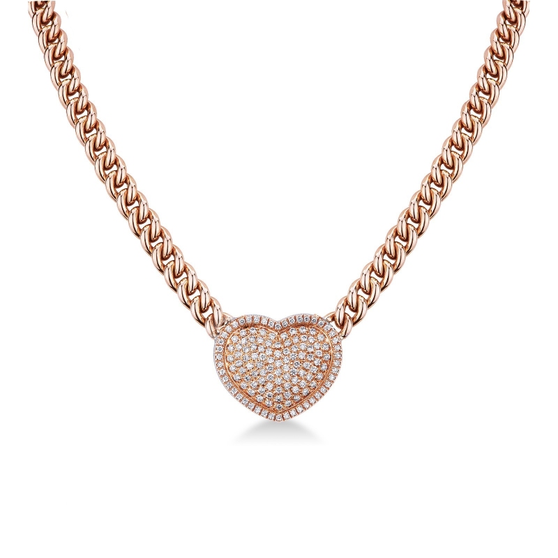 Collier Gourmette Or Rose 18k & Pendentif Cœur Pavé Diamants