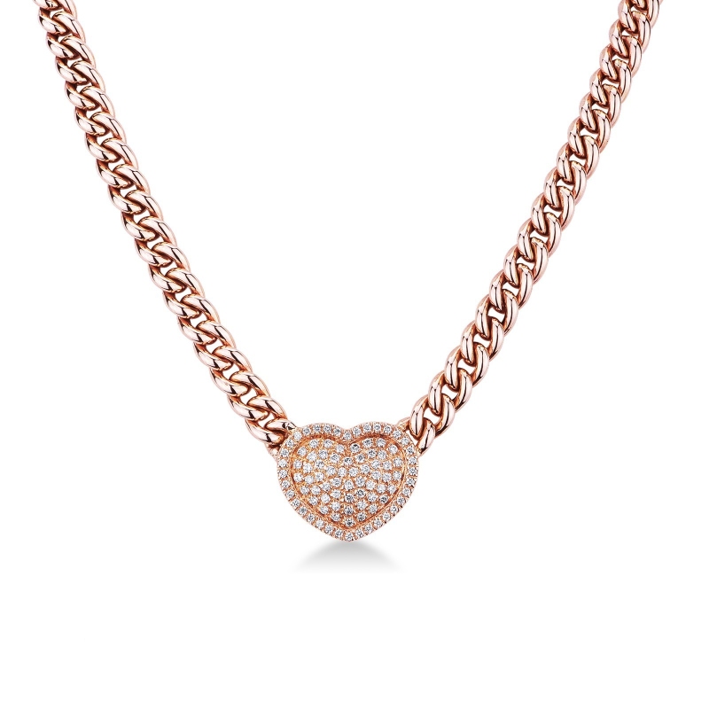 Collier chaîne gourmette or rose avec cœur pavé