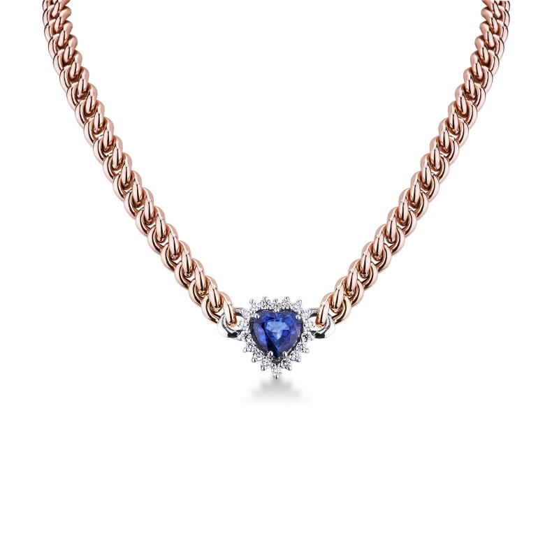 Collier gourmette or rose 18k avec cœur saphir et diamants