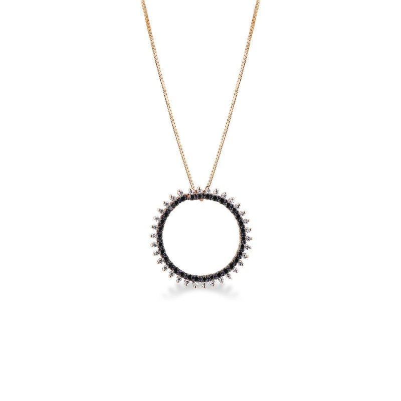 Collier en or rose 18k cercle diamants noirs taille brillante et diamants
