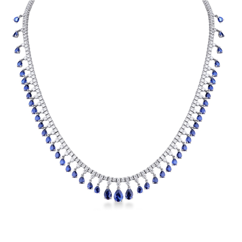 Collier style tennis en or blanc 18k avec saphirs bleus et diamants