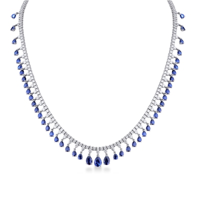 Collier style tennis en or blanc 18k avec saphirs bleus et diamants