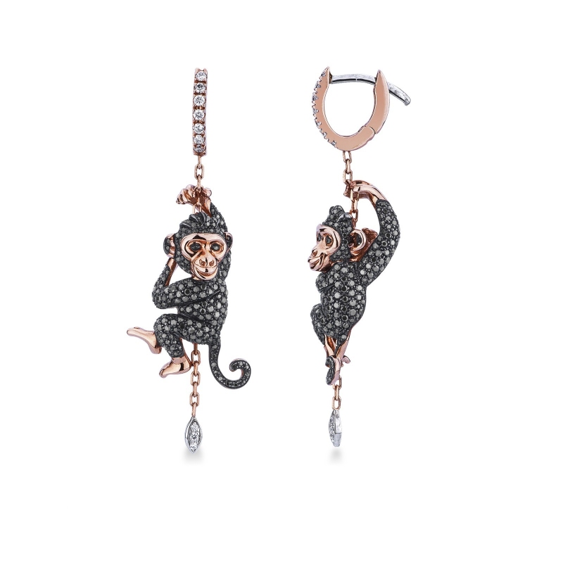 Boucles d’oreilles en or rose et blanc avec singes ornés de diamants noirs
