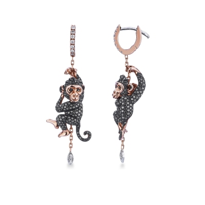 Boucles d’oreilles en or rose et blanc avec singes ornés de diamants noirs