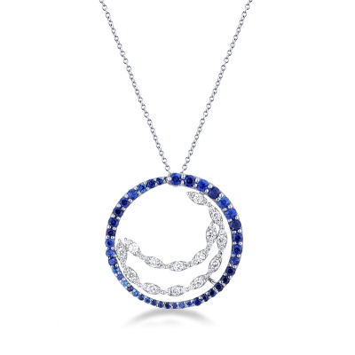 Collier or blanc 18k avec pendentif en saphirs bleus et diamants