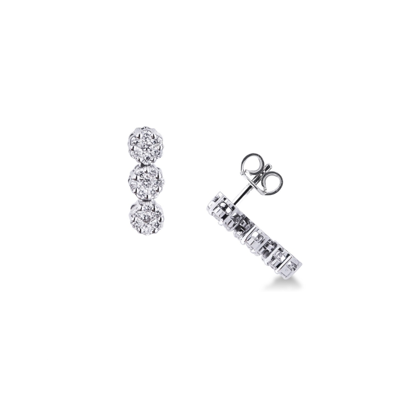 Boucles d'oreilles en or blanc 18 carats avec 3 fleurs en diamants