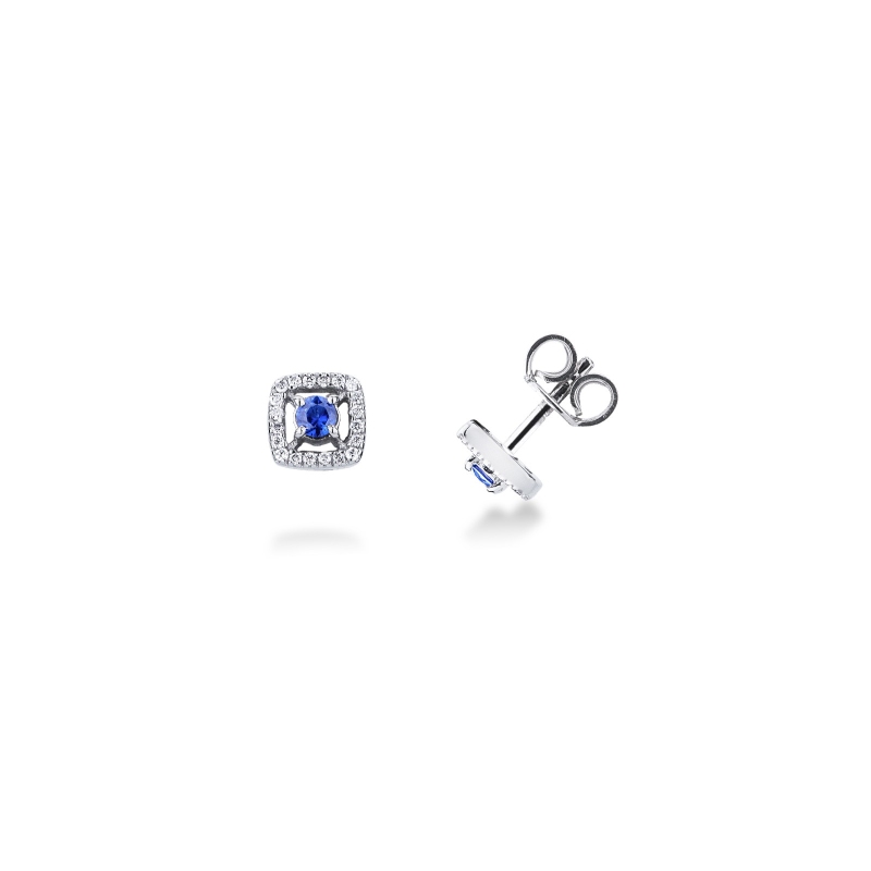 Boucles d'oreilles diamants en or blanc 18k avec saphir bleu