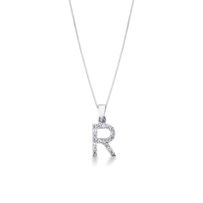 Collier en or blanc 18k avec lettre R sertie de diamants