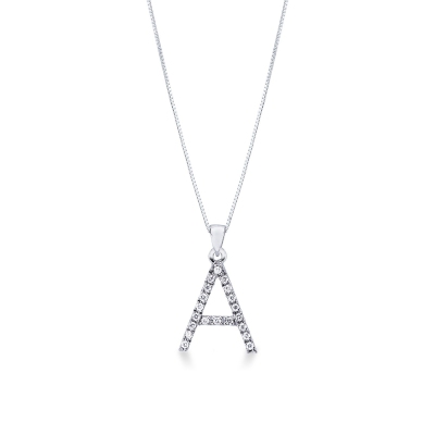 Collier pendentif lettre  A en or blanc 18K et diamants