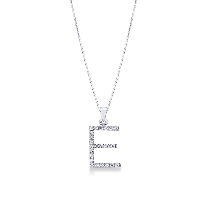 Collier pendentif lettre  E en or blanc 18K et diamants