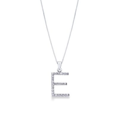 Collier pendentif lettre  E en or blanc 18K et diamants