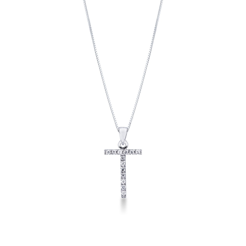 Collier pendentif lettre  T en or blanc 18K et diamants
