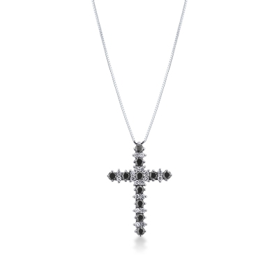 Collier croix or blanc 18k diamants noirs et blancs