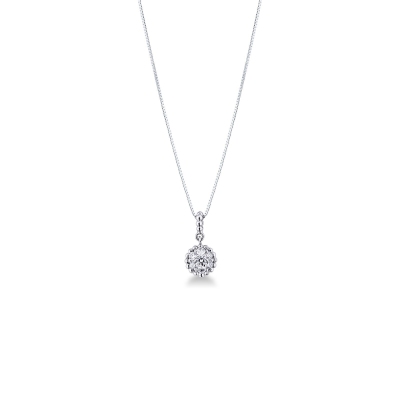Collier en or blanc 18k à billes avec pendentif pavé rond et diamants