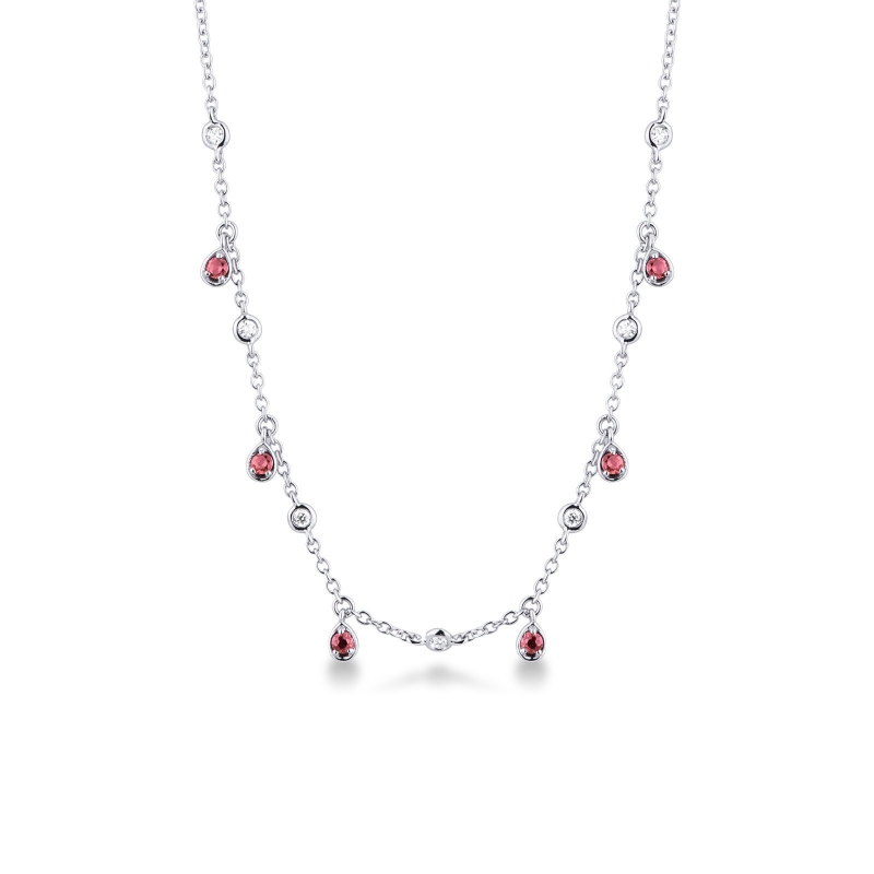 Collier en or blanc 18 carats avec pendentifs goutte rubis et diamants