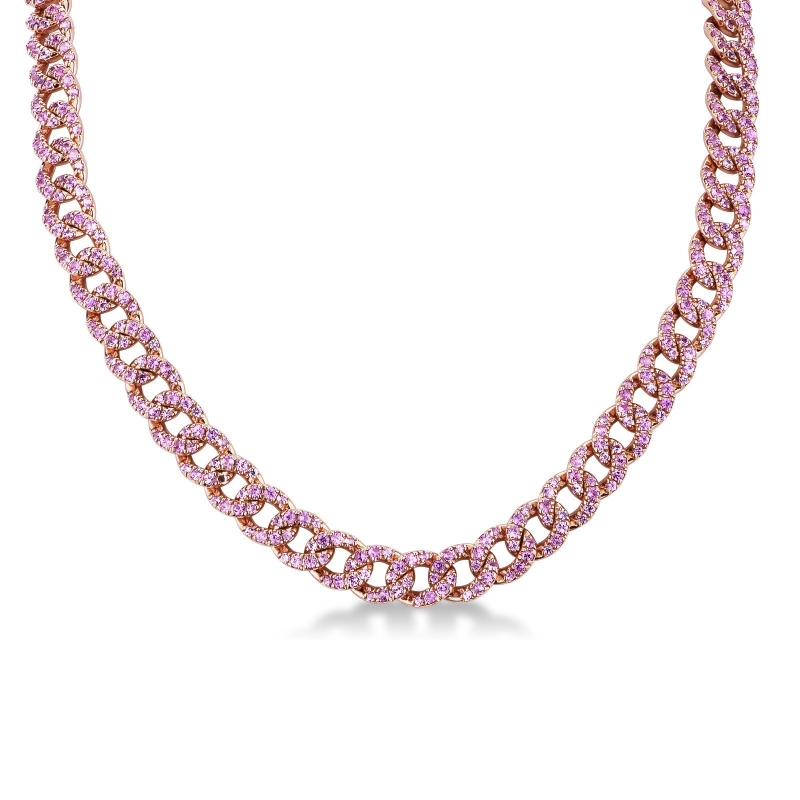 Collier maille gourmette en or rose 18k avec saphirs roses