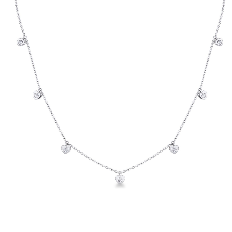 Collier en or blanc 18k avec neuf pendentifs en forme de cœur en diamants