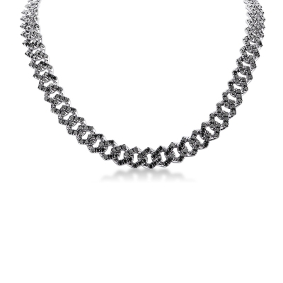 Collier en maille gourmette en or blanc 18 carats avec des diamants noirs. Extrémités brunies.