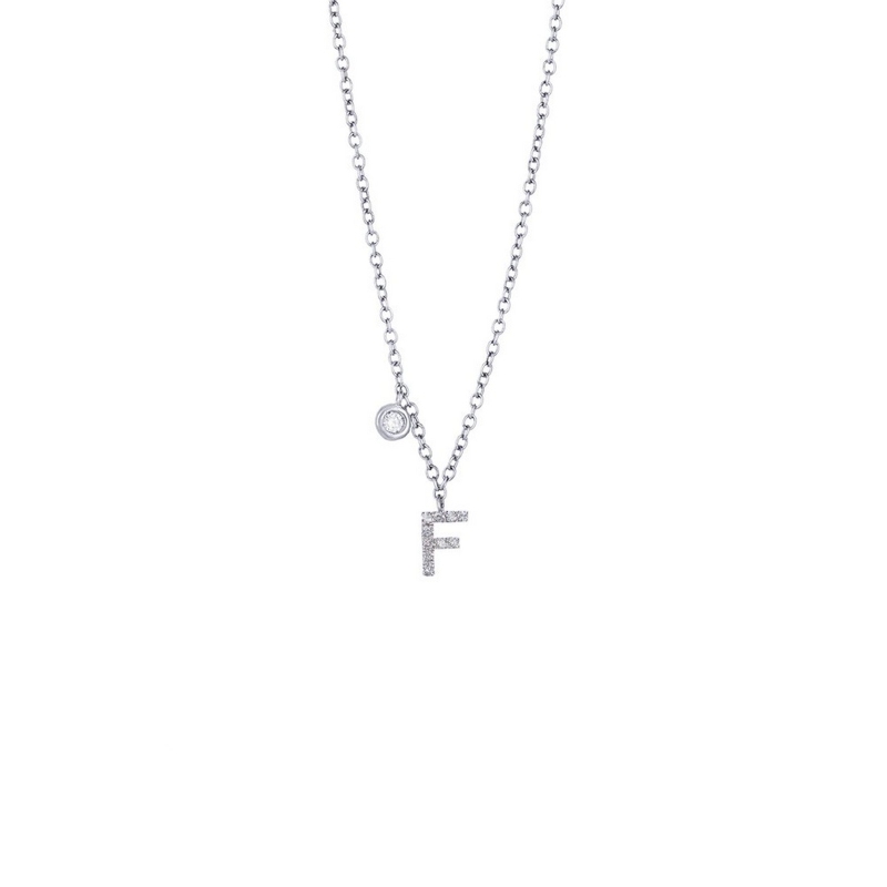 Collier femme en or blanc 18k avec pendentif lettre F 