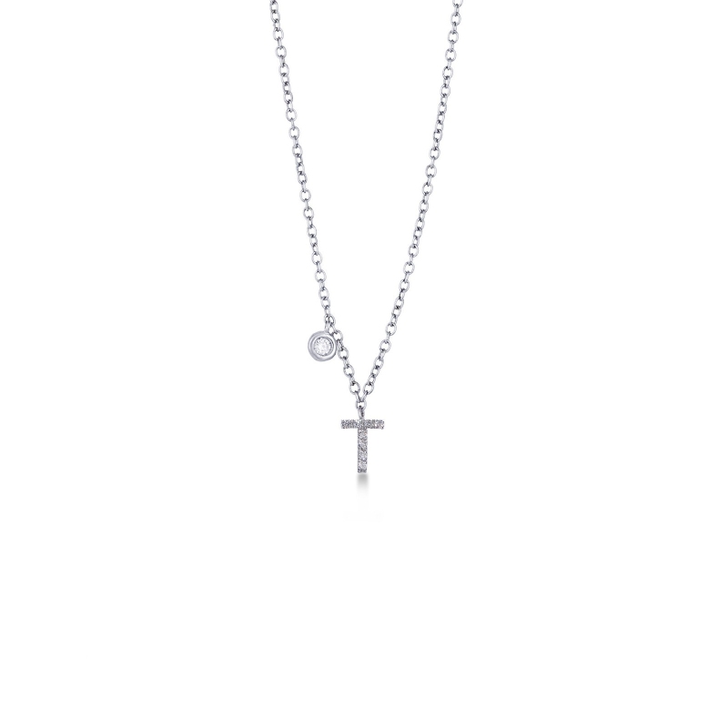 Collier pendentif personnalisé lettre T or blanc et diamants
