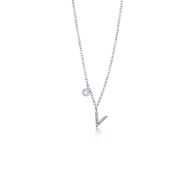 Collier or blanc 18k avec pendentif lettre V serti de diamants 