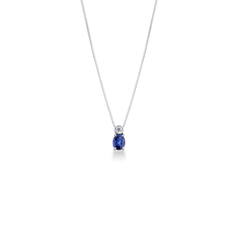 Collier en or blanc 18k avec saphir bleu et diamant