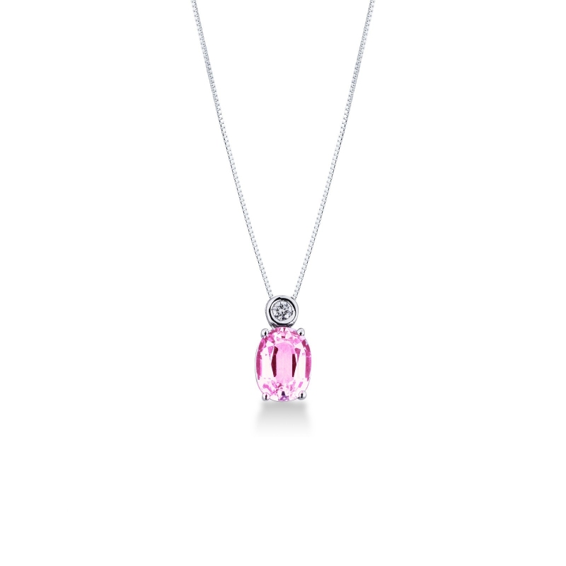 Collier avec pendentif en or blanc 18 ct avec diamant et saphir rose ovale