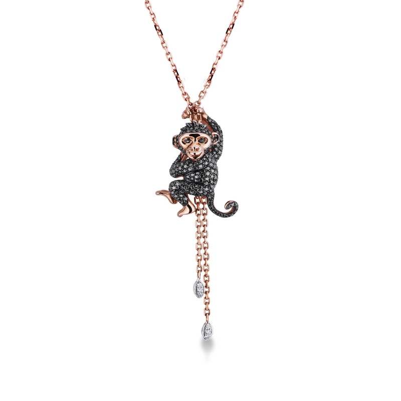 Collier en or blanc et rose 18k singe serti de diamants noirs