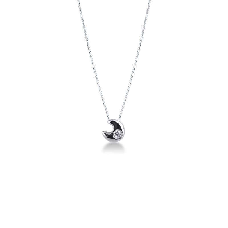 Chaîne en or blanc 18k avec pendentif en forme de lune et diamant 0.04 ct