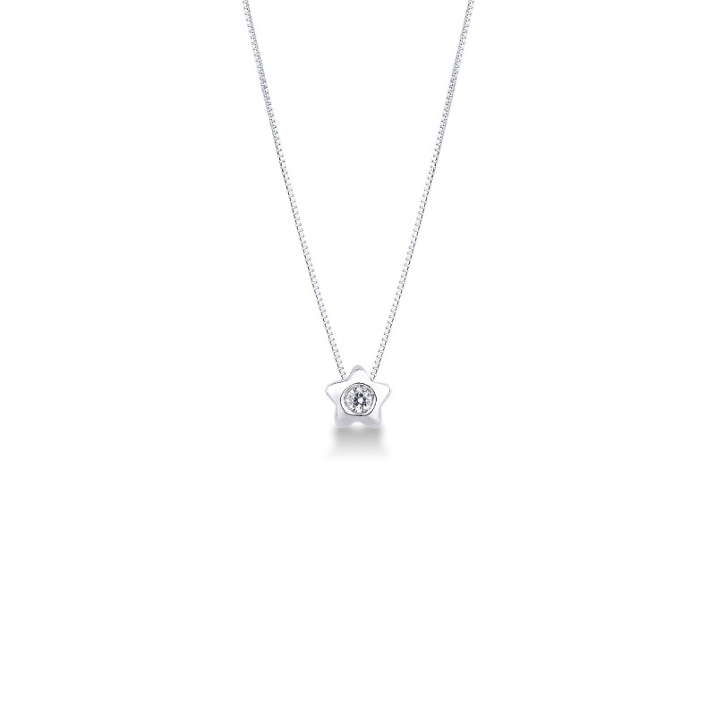 Collier or blanc femme  avec pendentif en forme d'étoile et diamant 0.04 ct