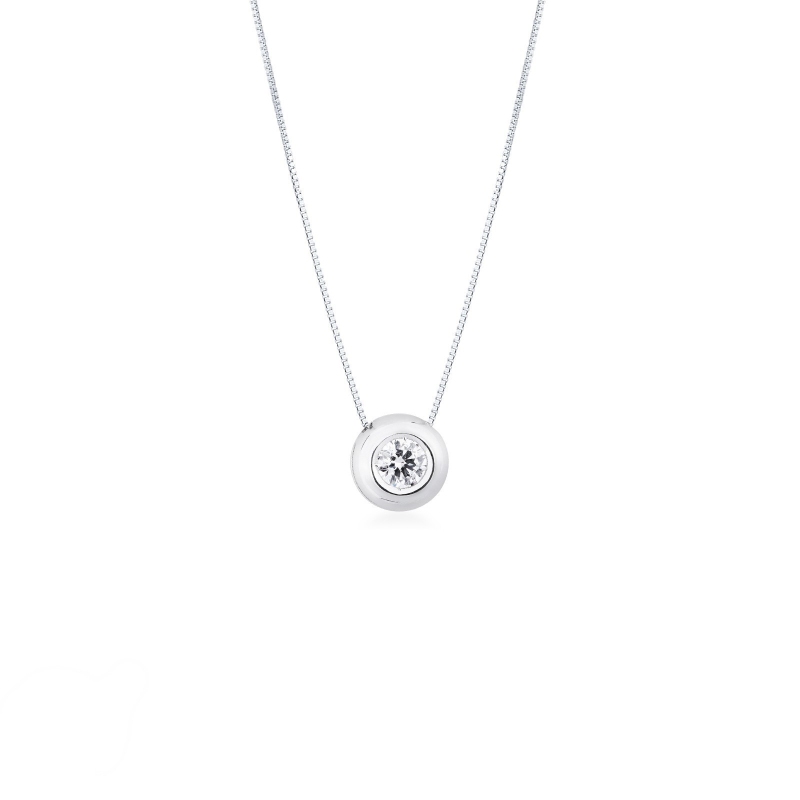 Collier solitaire en or blanc 18k avec diamant serti clos 0.20 ct