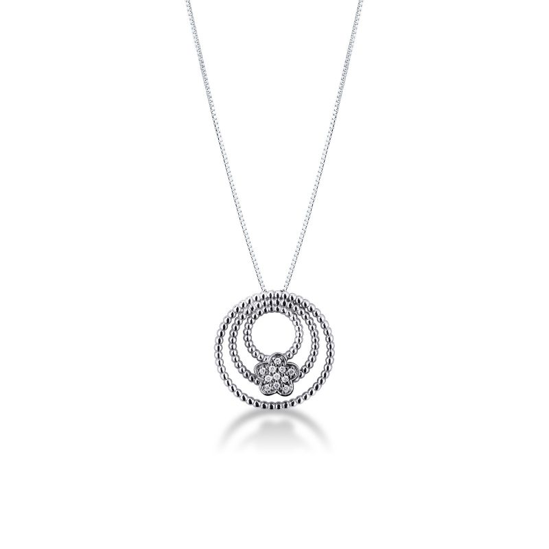 Collier en Or Blanc 18k avec Pendentif Fleur en Diamants et Cercles