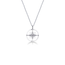 Collier en or blanc 18k avec pendentif rose des vents de diamants 