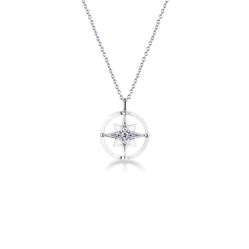 Collier en or blanc 18k avec pendentif rose des vents de diamants 