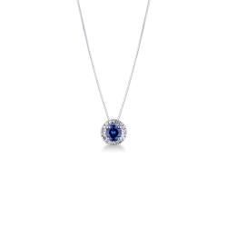 Collier en or blanc 18k avec saphir bleu central et halo en diamants